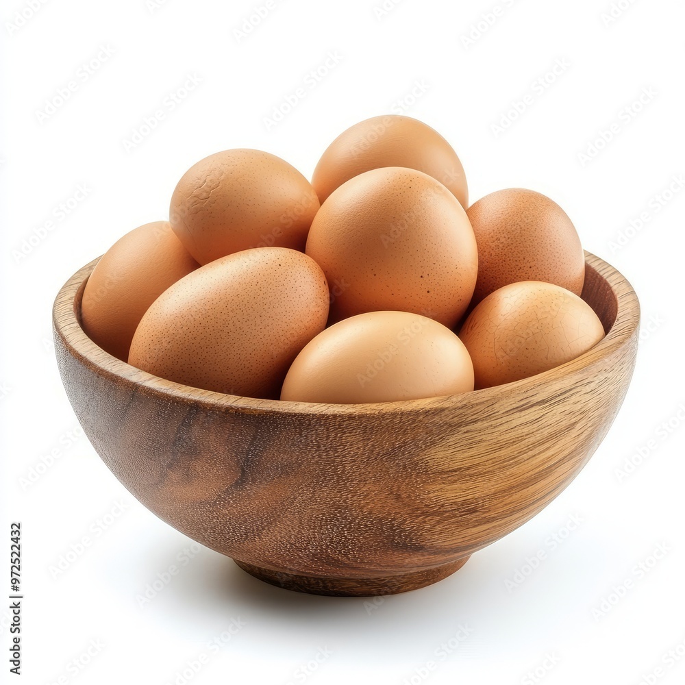 Brown eggs in a wooden bowl isolated on white background. Brown eggs in a wooden bowl isolated on white background.