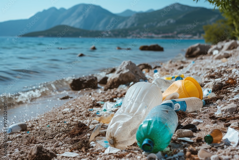 a polluted beach with plastic bottles, bags and other rubbish scattered on it. Waves wash the shore, but instead of natural beauty, the beach is covered with waste, symbolizing the problem of environm a polluted beach with plastic bottles, bags and other rubbish scattered on it. Waves wash the shore, but instead of natural beauty, the beach is covered with waste, symbolizing the problem of environm