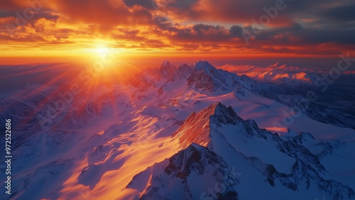 Snow covered peaks at golden hour with bold shadows.