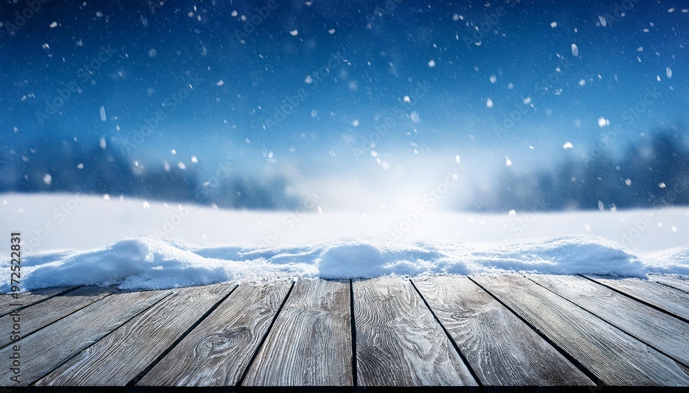 Wintery scene with a snowy table, ideal for holiday-themed content Wintery scene with a snowy table, ideal for holiday-themed content