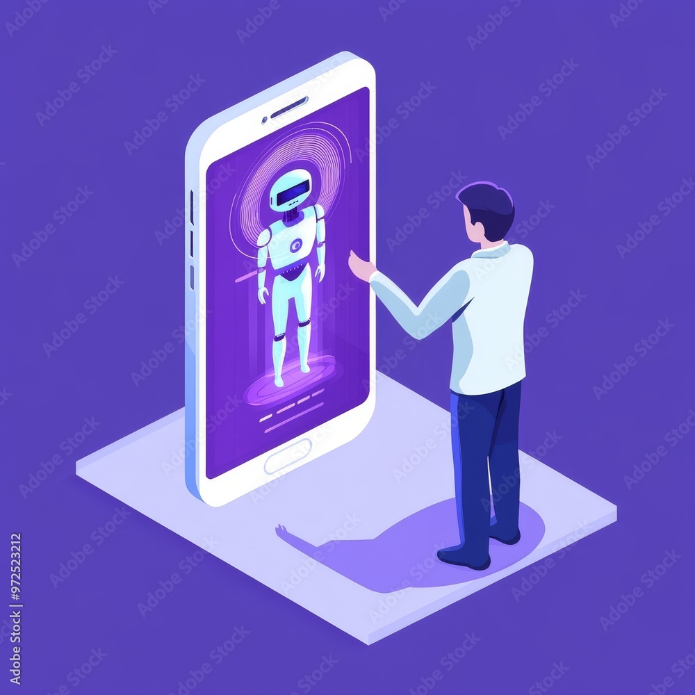 Businessman talking to AI robot in smartphone isometrically Businessman talking to AI robot in smartphone isometrically