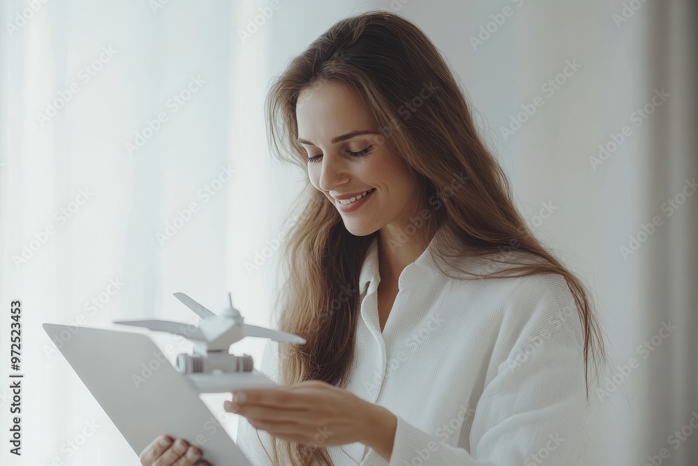 There is a pretty blonde businesswoman sitting in her office working with a toy robot, and she is very happy. There is a pretty blonde businesswoman sitting in her office working with a toy robot, and she is very happy.