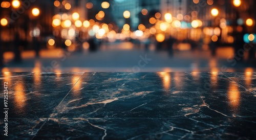 A blurred cityscape at night with a reflective marble surface in the foreground.