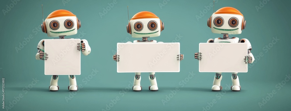 Fototapeta premium Set of modern robot presentation characters. Robot character showing whiteboard and speech bubble with waving gesture and kawaii happy faces.