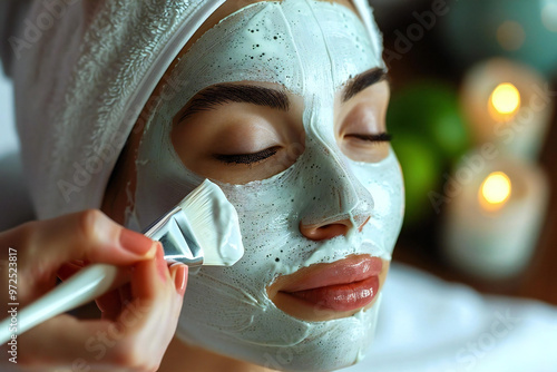 Close-up shot of a beautician applying a chemical peel mask to a customer's face at a luxurious spa salon.