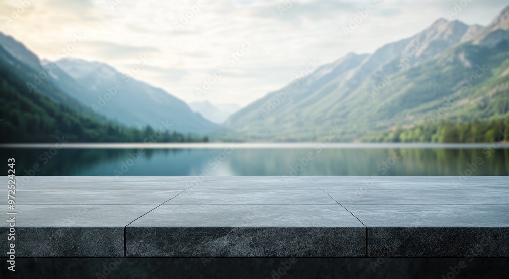 Serene lake view with mountains in the background and a concrete surface in the foreground. Serene lake view with mountains in the background and a concrete surface in the foreground.