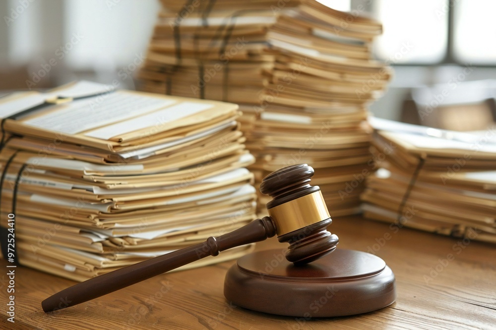 close-up shot of a judge gavel resting on top of piles of judicial court files on a desk in a courtroom. close-up shot of a judge gavel resting on top of piles of judicial court files on a desk in a courtroom.
