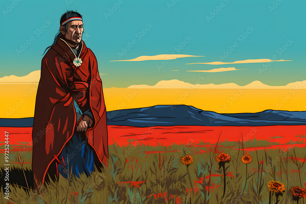 Fototapeta premium pop art style illustrated mongolan man in the wild