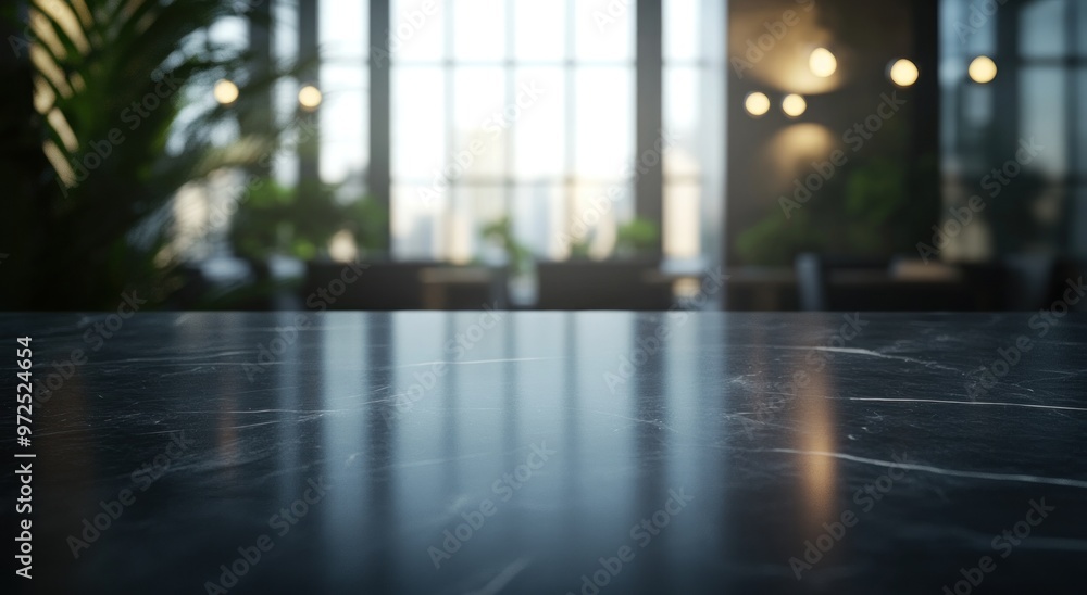 A blurred interior view with a sleek marble countertop and urban backdrop. A blurred interior view with a sleek marble countertop and urban backdrop.