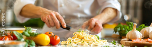 Chef Preparing Fresh Pasta with Organic Vegetables in a Professional Kitchen