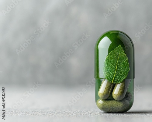 Large green capsule with leaves inside on gray surface. photo