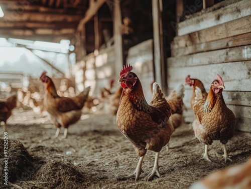 A group of chickens roaming in a rustic barn setting with straw on the ground. photo