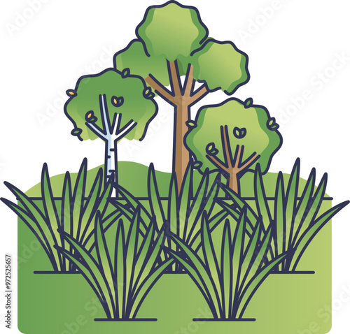 Illustration of trees and grass, symbolizing green biomass in sustainable farming.