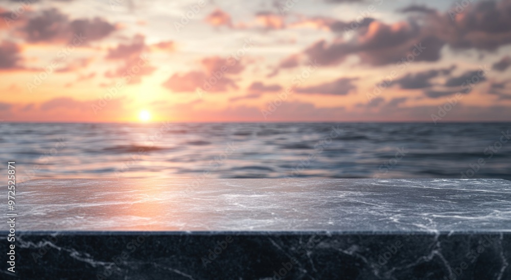 A serene sunset over the ocean, viewed from a marble countertop. A serene sunset over the ocean, viewed from a marble countertop.