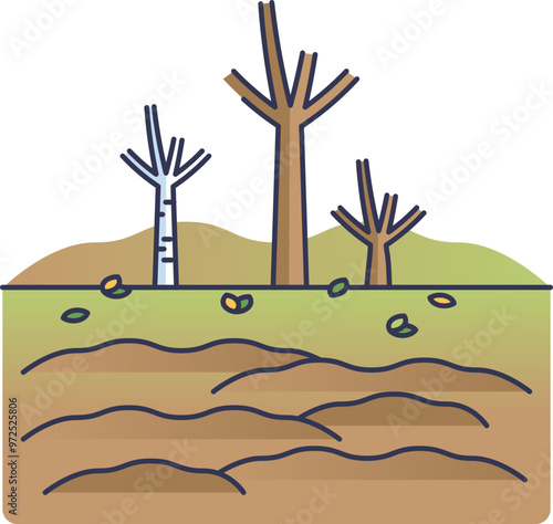 Barren land with dead trees and dry soil, depicting overharvesting effects.