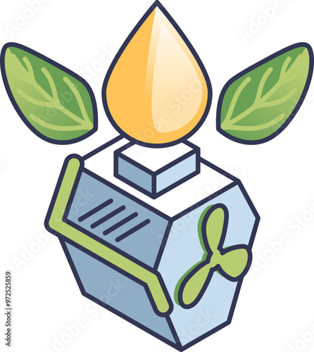 Illustration of a biofuel engine with leaves and flame, symbolizing eco-friendly energy.