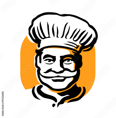 Happy elderly man with mustache chef in hat logo or emblem. Male cook, food service sign vector illustration