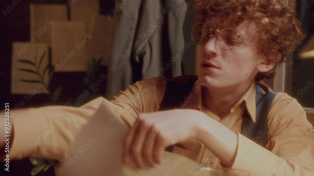 Young dedicated writer smoking cigarette and attentively reading his manuscript aloud at desk in warmly lit room during the night Young dedicated writer smoking cigarette and attentively reading his manuscript aloud at desk in warmly lit room during the night