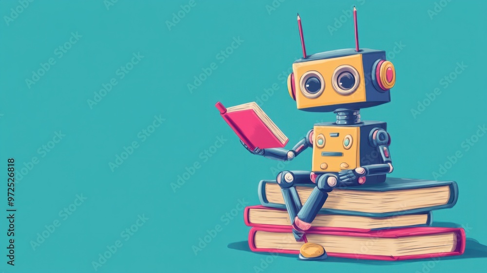 A cute cartoon-style robot sitting on a stack of books, holding a pencil, ready to learn and help with homework A cute cartoon-style robot sitting on a stack of books, holding a pencil, ready to learn and help with homework