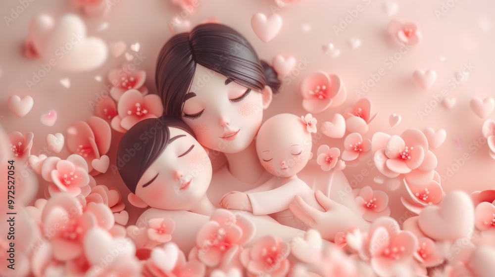 A heartwarming 3D rendering of a human figures of a mother and children, focused on Mother's Day. A heartwarming 3D rendering of a human figures of a mother and children, focused on Mother's Day.