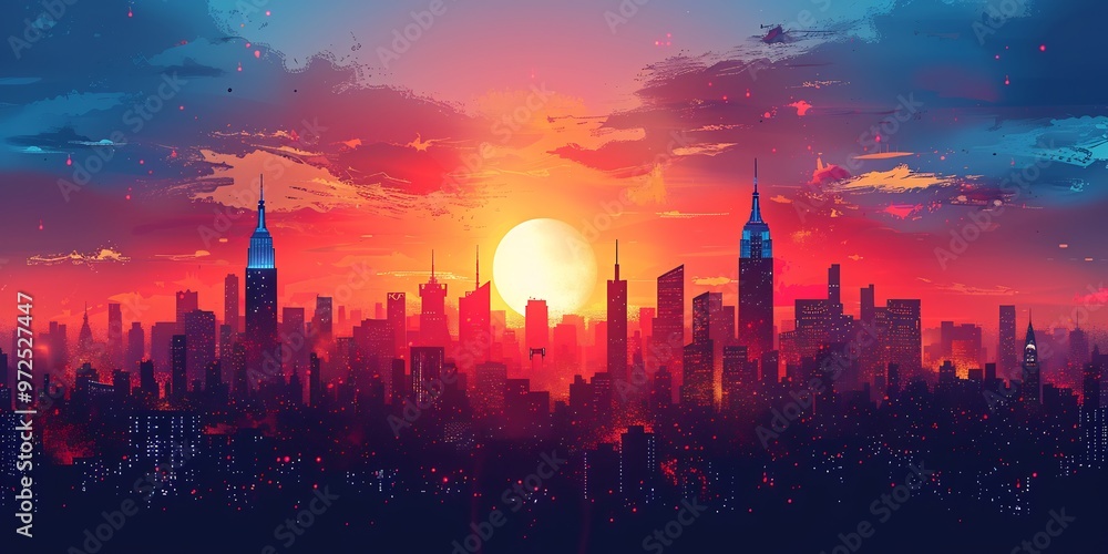 City silhouette sunset tall skyscrapers and a glowing horizon vibrant skyline with minimalistic style City silhouette sunset tall skyscrapers and a glowing horizon vibrant skyline with minimalistic style