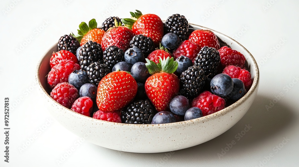 A white bowl full of fresh berries. A white bowl full of fresh berries.
