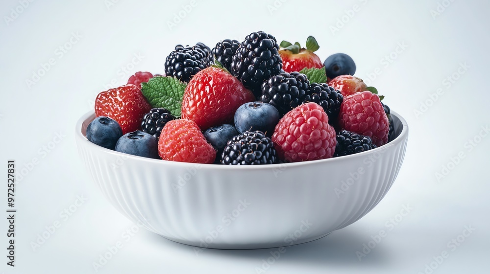 A bowl of fresh blueberries, raspberries, blackberries and strawberries. A bowl of fresh blueberries, raspberries, blackberries and strawberries.