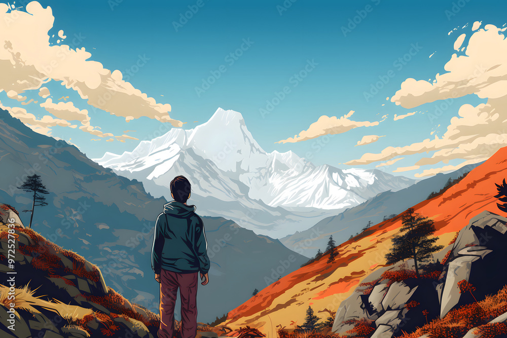 Fototapeta premium pop art style illustrated himalayan boy standing on top of a sumit