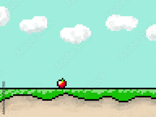 RPG風のドット絵のりんごが落ちている風景イラスト