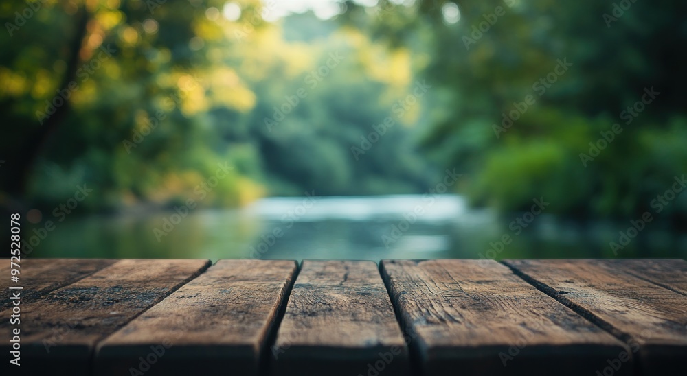 Fototapeta premium A serene riverside view with a wooden surface in the foreground.