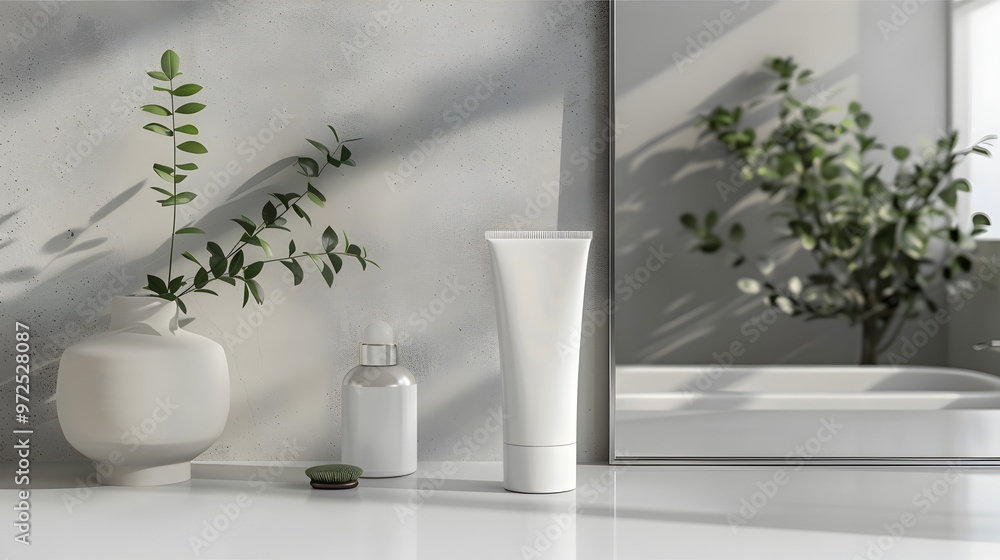 Minimalist Restroom with White Tube mockup and indoor plant Minimalist Restroom with White Tube mockup and indoor plant