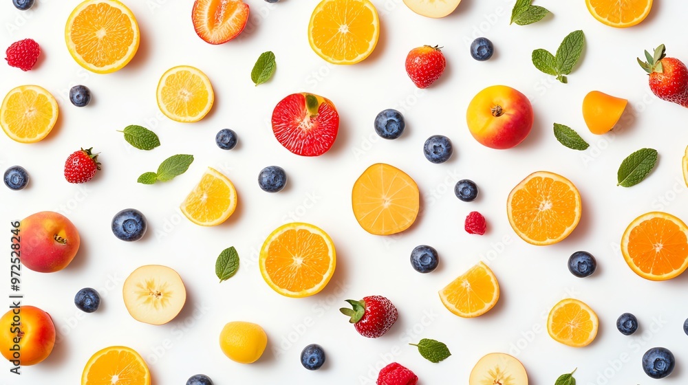 Fresh and vibrant fruit pattern on white background. Fresh and vibrant fruit pattern on white background.