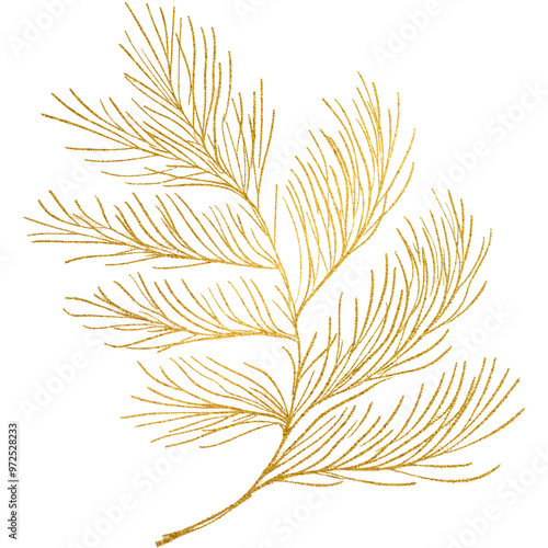 Golden Pine Branch Illustrations, Elegant Hand-Drawn Nature-Inspired Design with Detailed Needle Texture