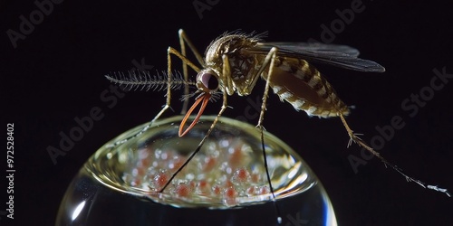 A mosquito lays eggs on a glass surface. photo