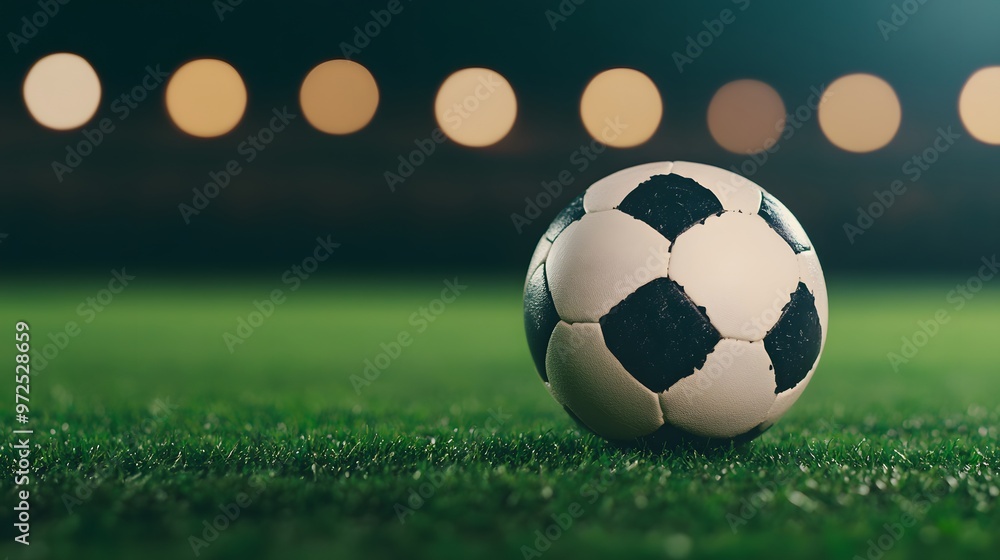 Obraz premium A soccer ball is sitting on a green field