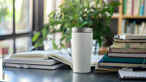 White thermal tumbler mockup on study desk books and potted plant in background