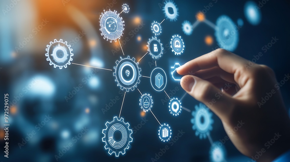 A hand interacts with a digital interface showing a network of interconnected gears with various symbols, representing complex processes. A hand interacts with a digital interface showing a network of interconnected gears with various symbols, representing complex processes.