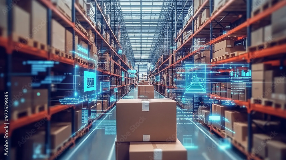 warehouse cardbox item with digital technology concept