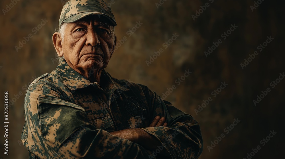 Fototapeta premium Elderly Veteran with Determined Expression in Military Uniform Against Rustic Background
