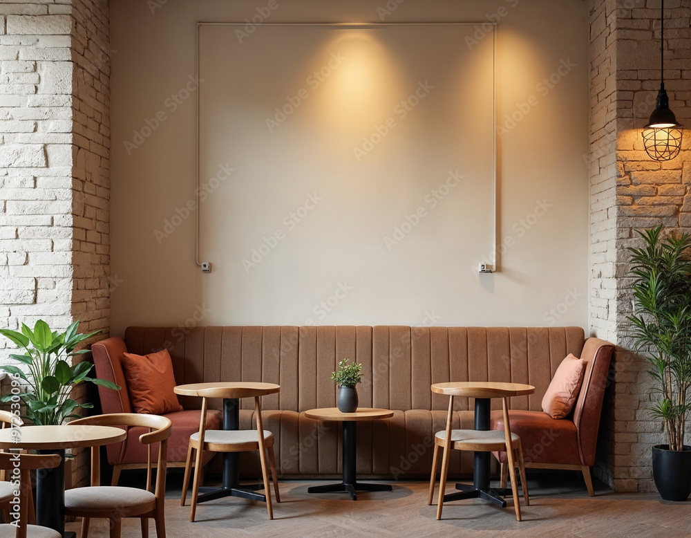Fototapeta premium Modern, Scandinavian Cozy Cafe, Coffee Shop Interior Design with Blank Wall