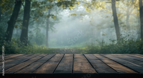 A serene forest scene with a wooden table in the foreground, evoking tranquility.