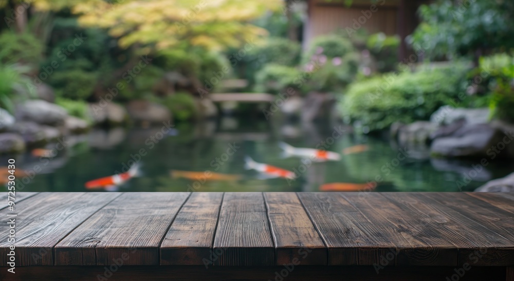 A serene garden scene featuring a pond with koi fish and a wooden table in the foreground. A serene garden scene featuring a pond with koi fish and a wooden table in the foreground.
