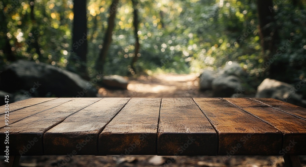 A wooden table in a serene forest setting, inviting relaxation and connection with nature. A wooden table in a serene forest setting, inviting relaxation and connection with nature.