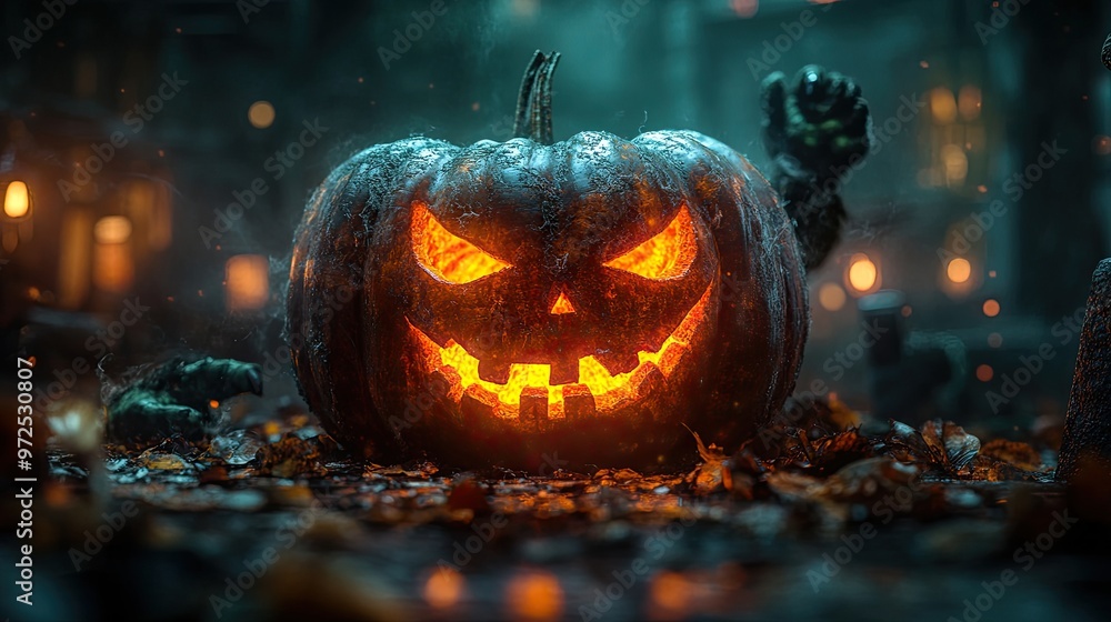 Naklejka premium 3d render curse3d tomb magical pumpkin with angry face and green light jack lantern and scary green zombie arms show out of the ground in front of the grave stone halloween illustration