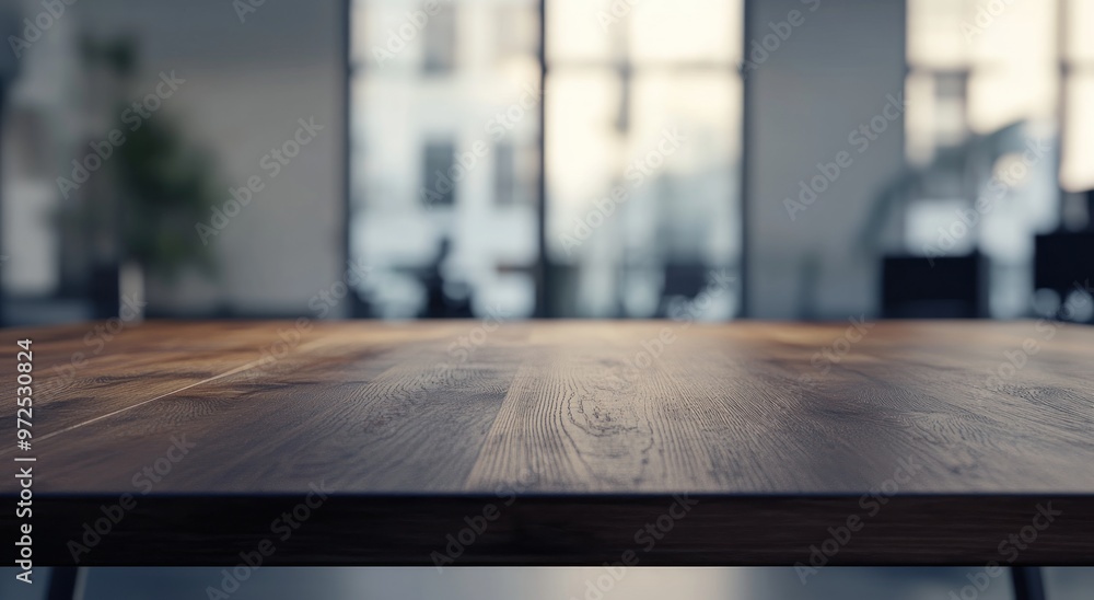 A close-up view of a wooden table in a modern office setting with blurred background. A close-up view of a wooden table in a modern office setting with blurred background.