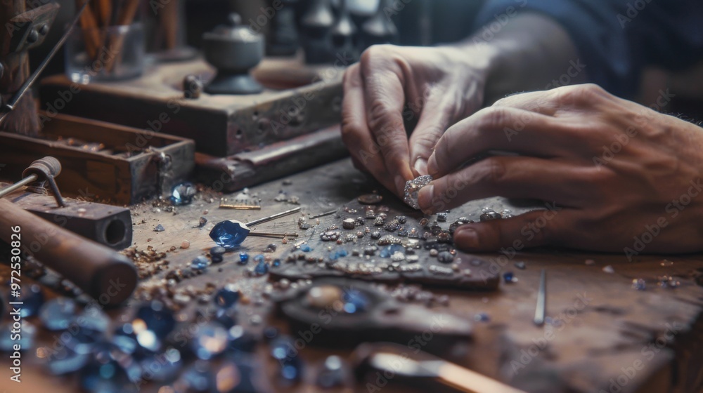 A master jeweler skillfully setting gems into a jewelry piece, with a focus on a sapphire diamond ring amidst a workshop laden with professional tools A master jeweler skillfully setting gems into a jewelry piece, with a focus on a sapphire diamond ring amidst a workshop laden with professional tools