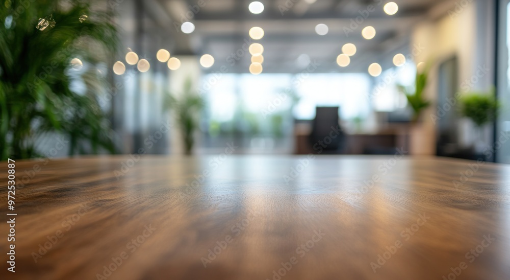 Fototapeta premium A blurred office interior with a wooden desk in focus, suggesting a professional environment.