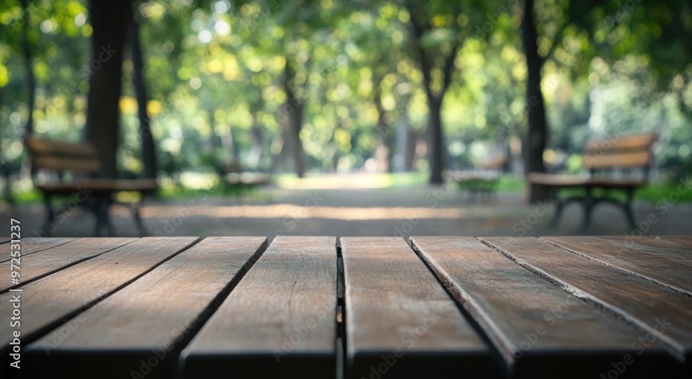 A wooden table in a park with blurred benches and trees in the background. A wooden table in a park with blurred benches and trees in the background.