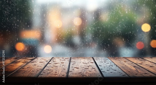 A rainy window view with a wooden table in the foreground, creating a cozy atmosphere.