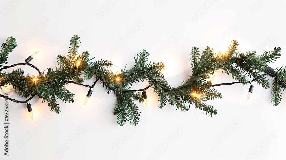 Fototapeta premium Festive Christmas Garland and Twinkling Lights Flat Lay on White background 